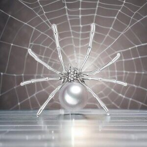 Silver Alloy Spider Pin Brooch Faux White Pearl Gothic Halloween Rhinestones